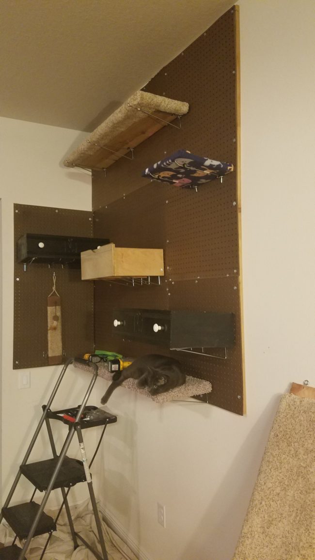 Next they attached scrap carpet pieces to the shelves to protect their kitties from any sharp edges.